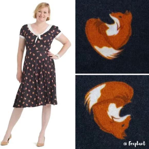 Unique Vintage Gwynnie Bee Black Fox Print Fit And Flare Dress, 0X - Picture 1 of 15